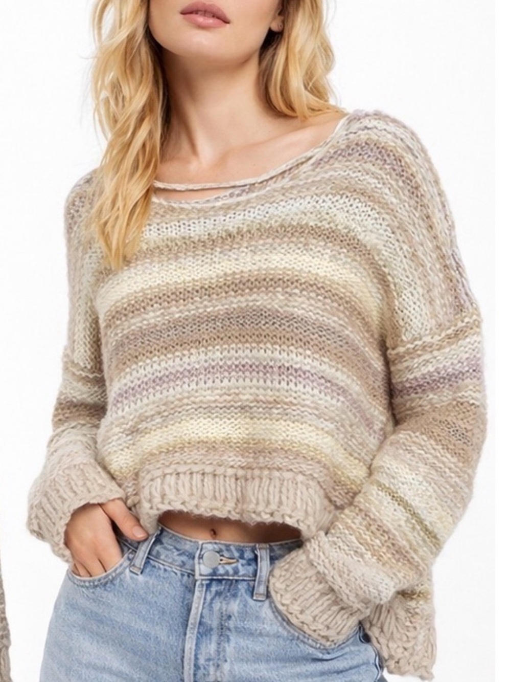 Free People Soft Striped Boho Cropped Knit Sweater in Neutral Beige